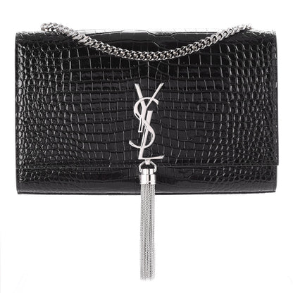 Saint Laurent Calfskin Crocodile Embossed Medium Classic Monogram Kate Tassel Satchel Black 1 of 6
