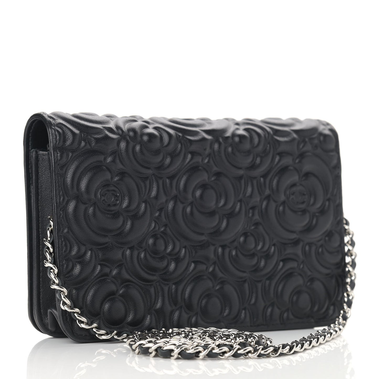 Lambskin Camellia Embossed Wallet on Chain WOC Black