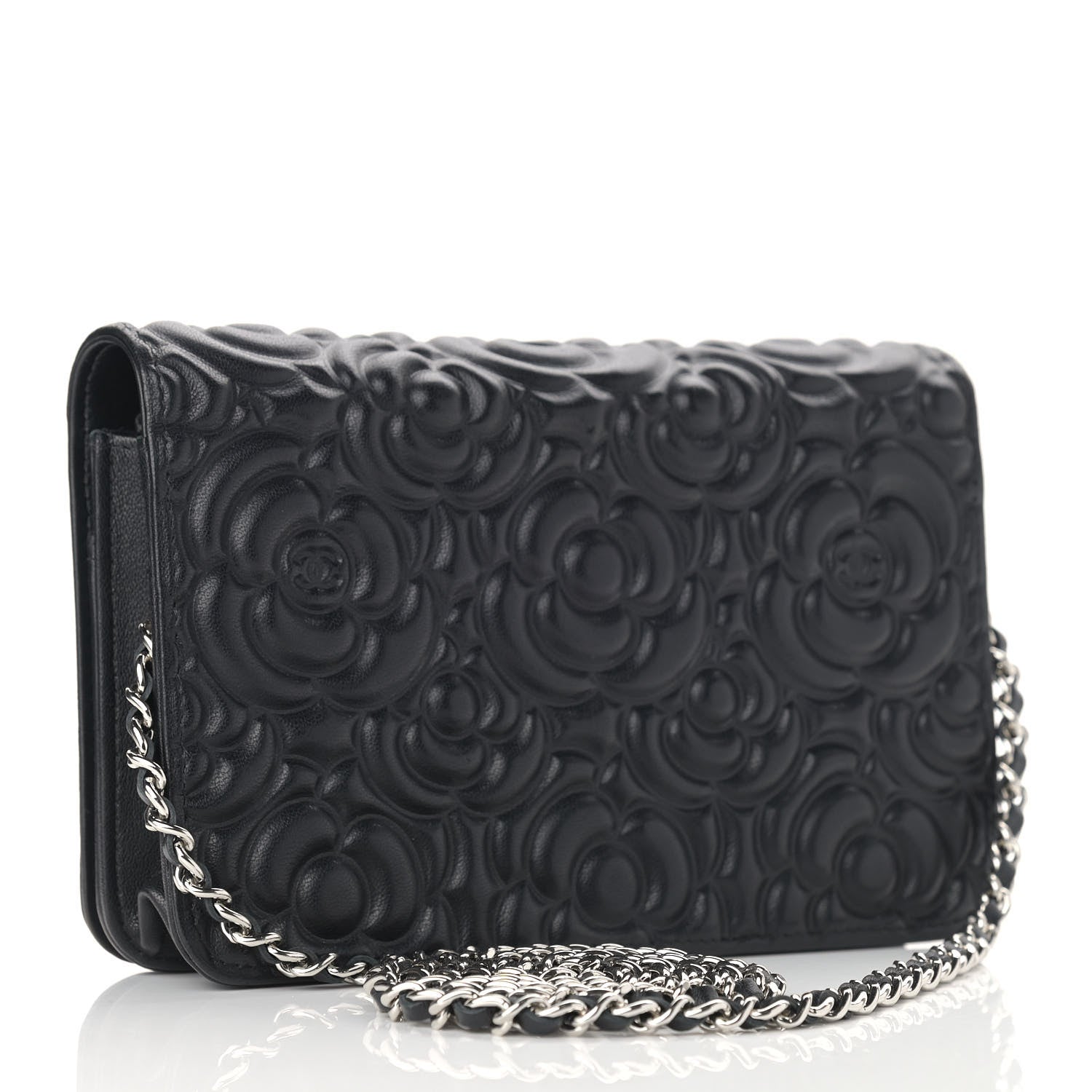 Chanel Lambskin Camellia Embossed Wallet on Chain WOC Black 3 of 11
