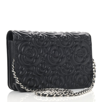 Chanel Lambskin Camellia Embossed Wallet on Chain WOC Black 3 of 11