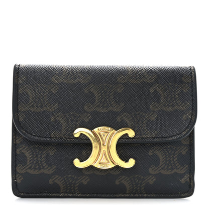 Celine Triomphe Canvas Calfskin Flap Card Holder Tan 1 of 7