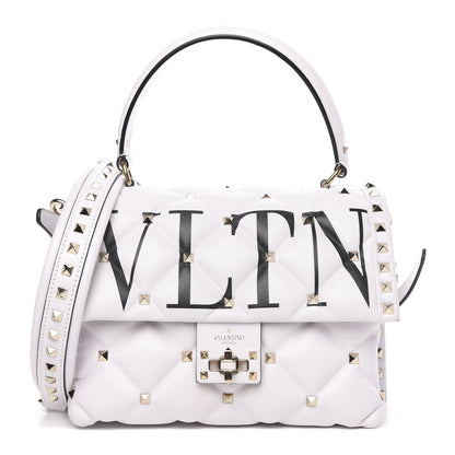 Valentino Garavani Lambskin VLTN Print Candystud Top Handle Bag Optic White Black 1 of 12