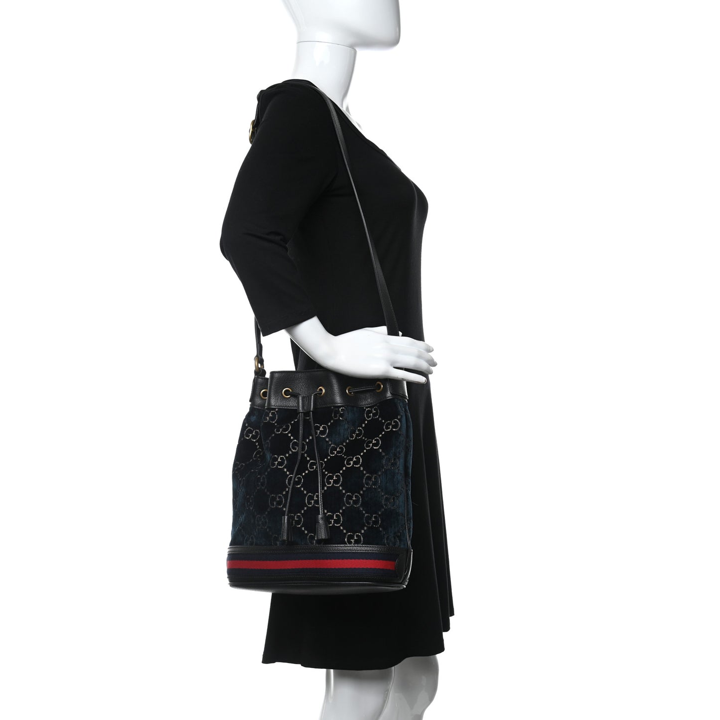 Velvet GG Monogram Web Bucket Bag Blue Beige