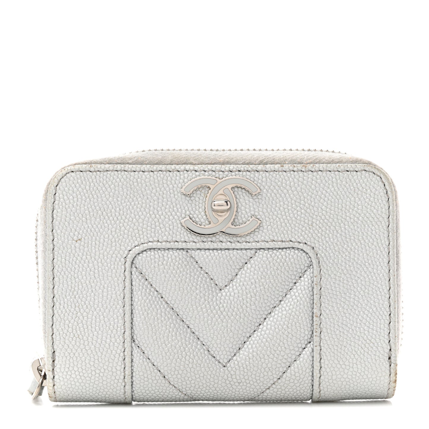 Metallic Caviar Chevron Quilted Vintage Mademoiselle Zip Coin Purse Silver
