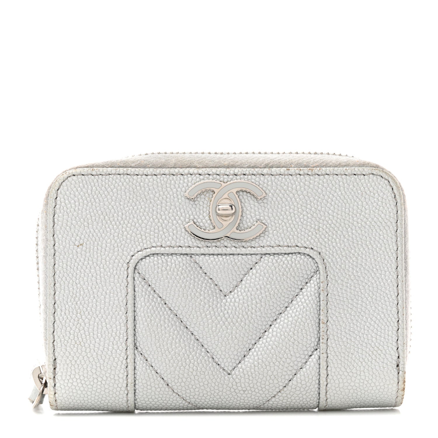 Chanel Metallic Caviar Chevron Quilted Vintage Mademoiselle Zip Coin Purse Silver 1 of 10