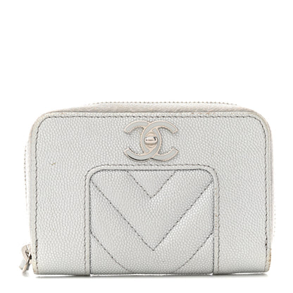 Chanel Metallic Caviar Chevron Quilted Vintage Mademoiselle Zip Coin Purse Silver 1 of 10