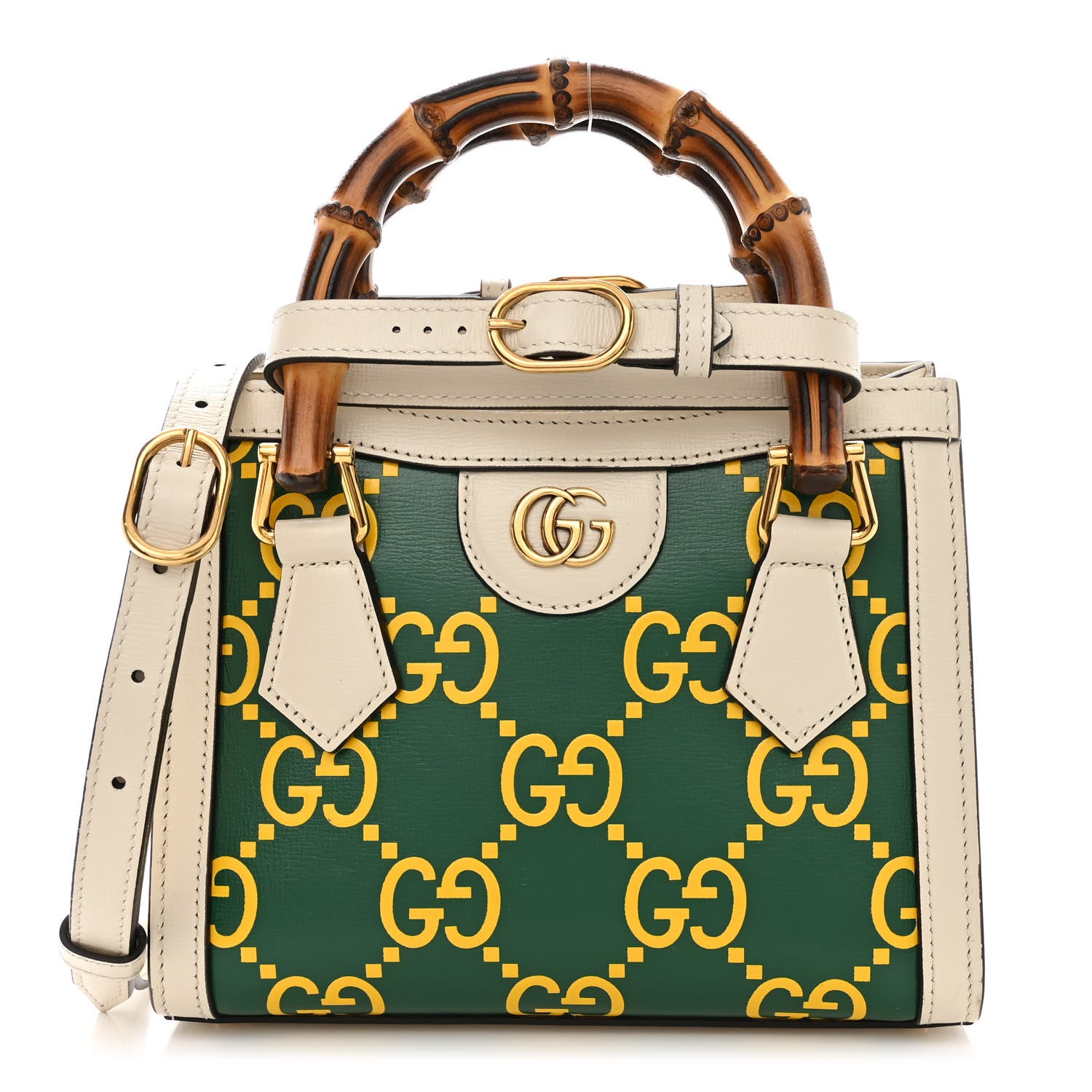 Gucci Azalea Calfskin GG Monogram Bi-Color Debossed Mini Diana Tote Bag Emerald Stone Topaz Mystic White 1 of 10