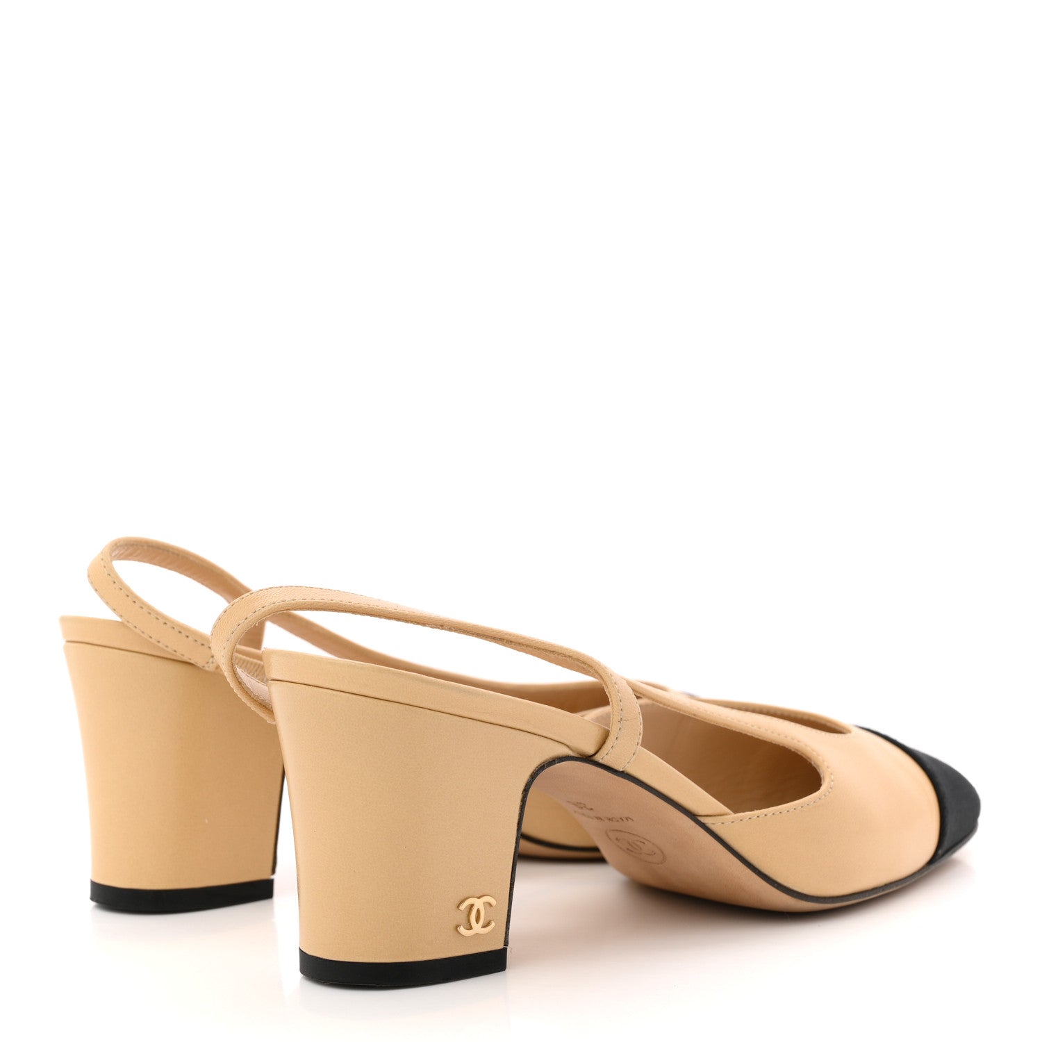 Chanel Goatskin Grosgrain Cap Toe CC Slingback Pumps 36 Beige Black 5 of 13