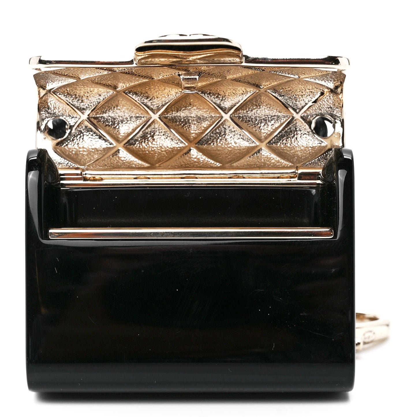Metal Resin Lambskin Quilted Minaudiere Keychain Golden Black