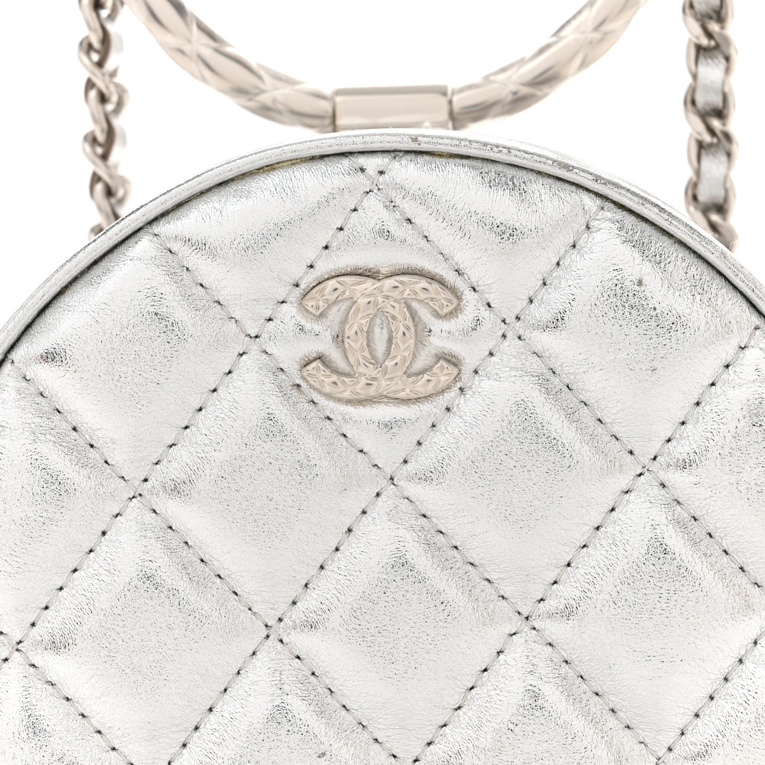 Chanel Metallic Calfskin Quilted Round Bracelet Clutch With Chain Silver 8 of 10