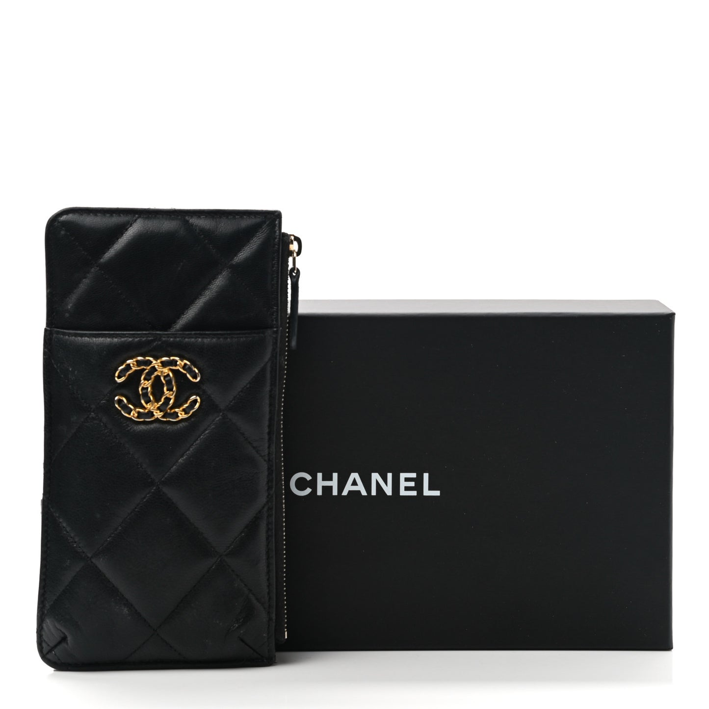 Lambskin Quilted Chanel 19 Phone and Card Holder Black