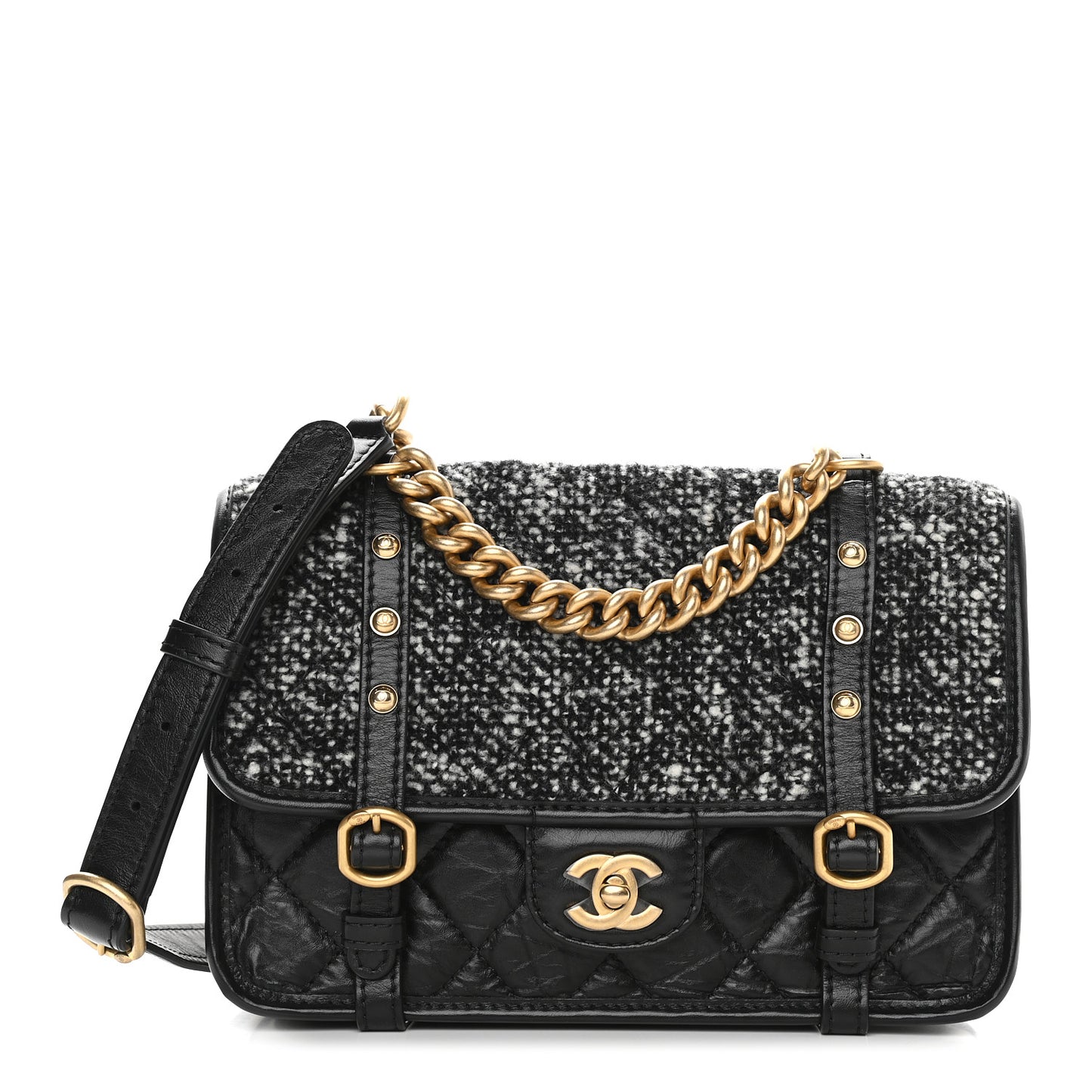 Aged Calfskin Tweed Quilted City School Flap Black