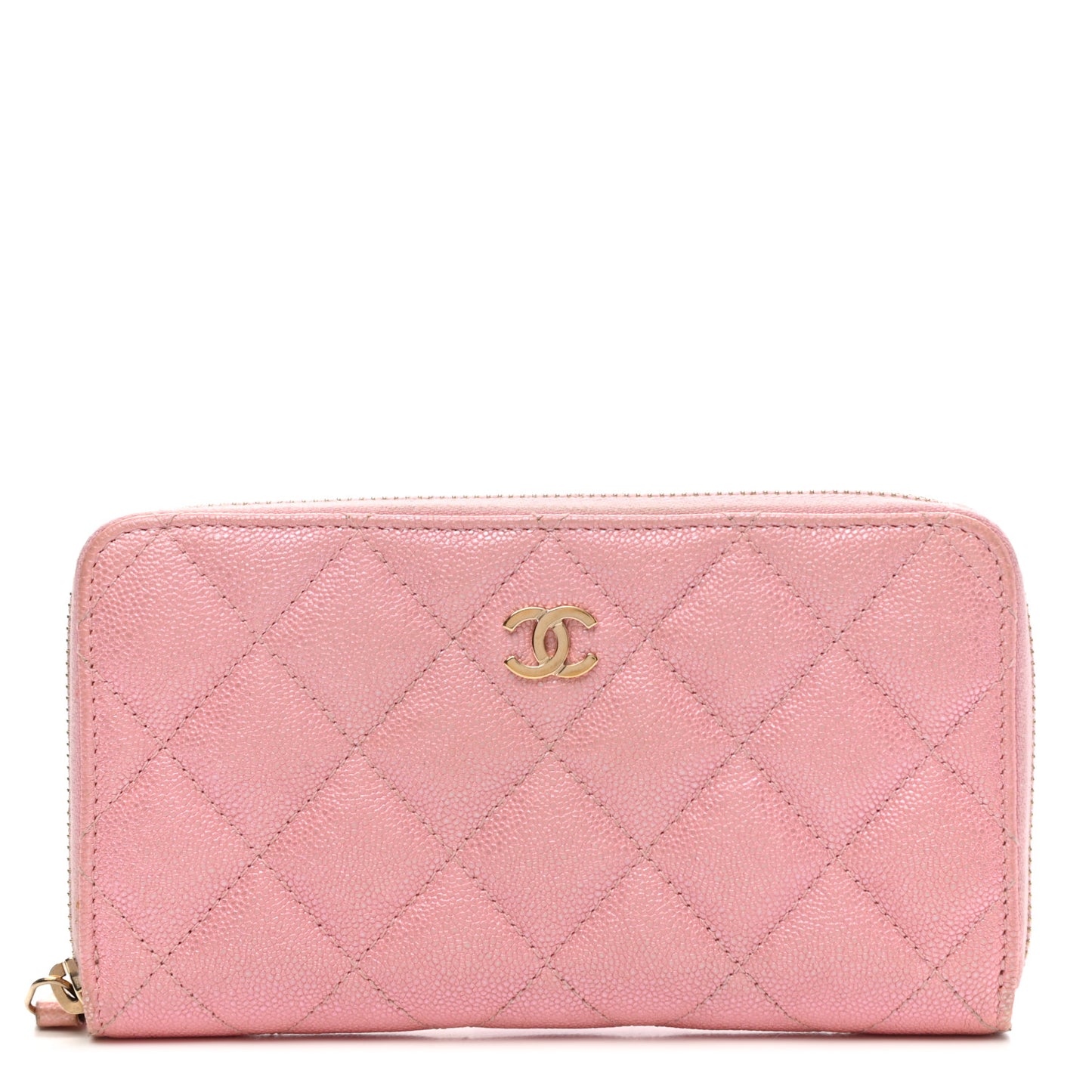 Iridescent Caviar Quilted Medium Zip Around Wallet Pink