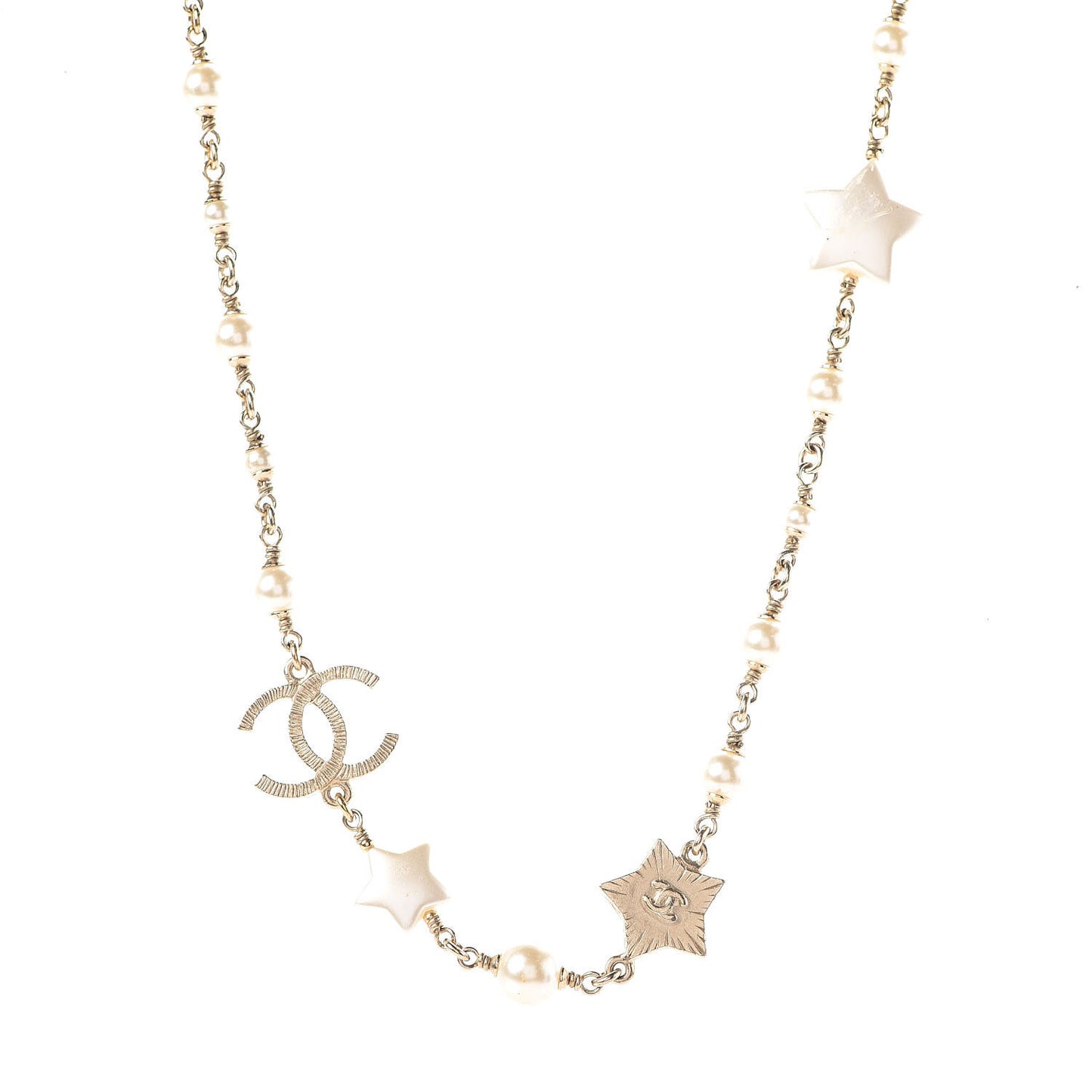 Metal Resin Pearl Star CC Necklace Gold