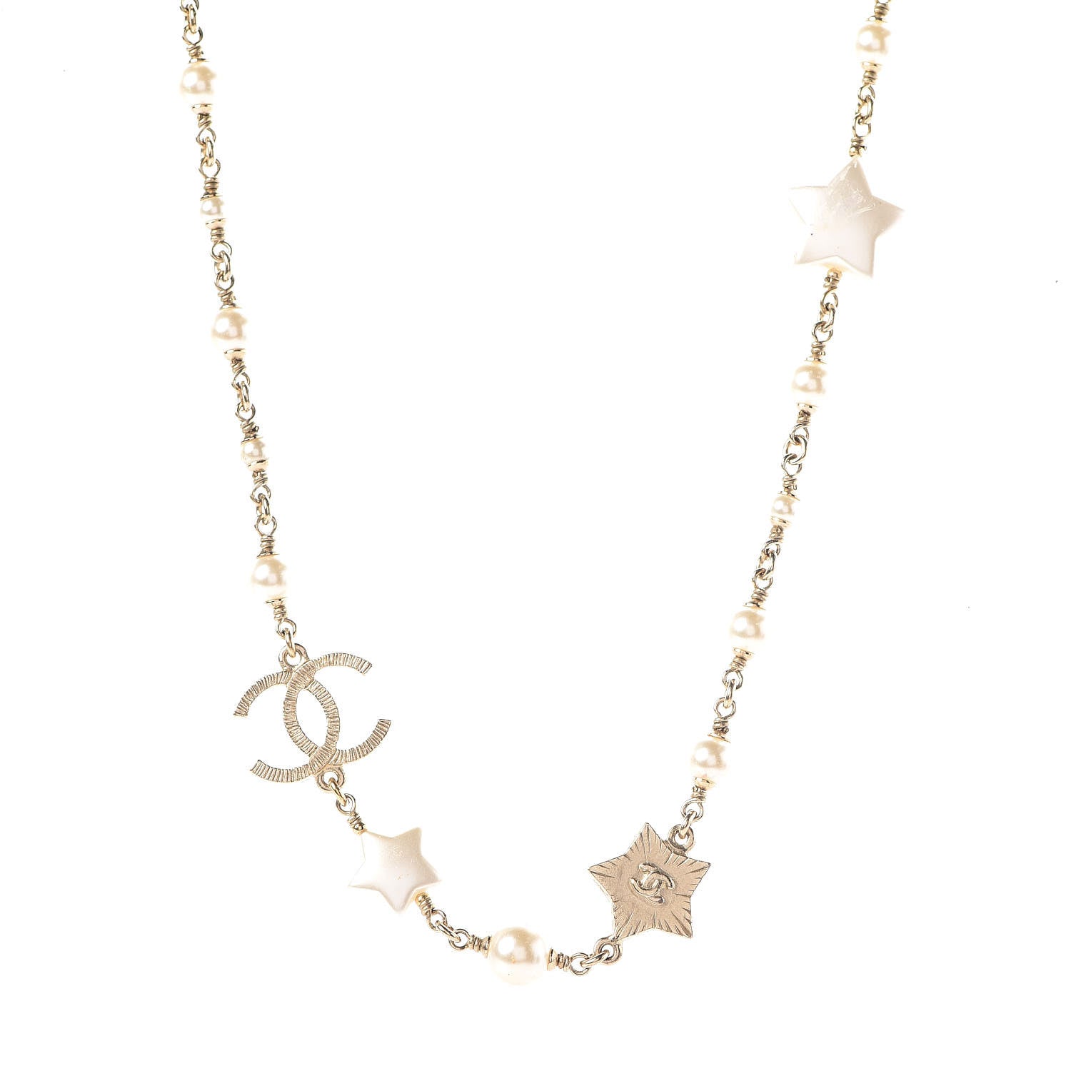 Chanel Metal Resin Pearl Star CC Necklace Gold 1 of 5