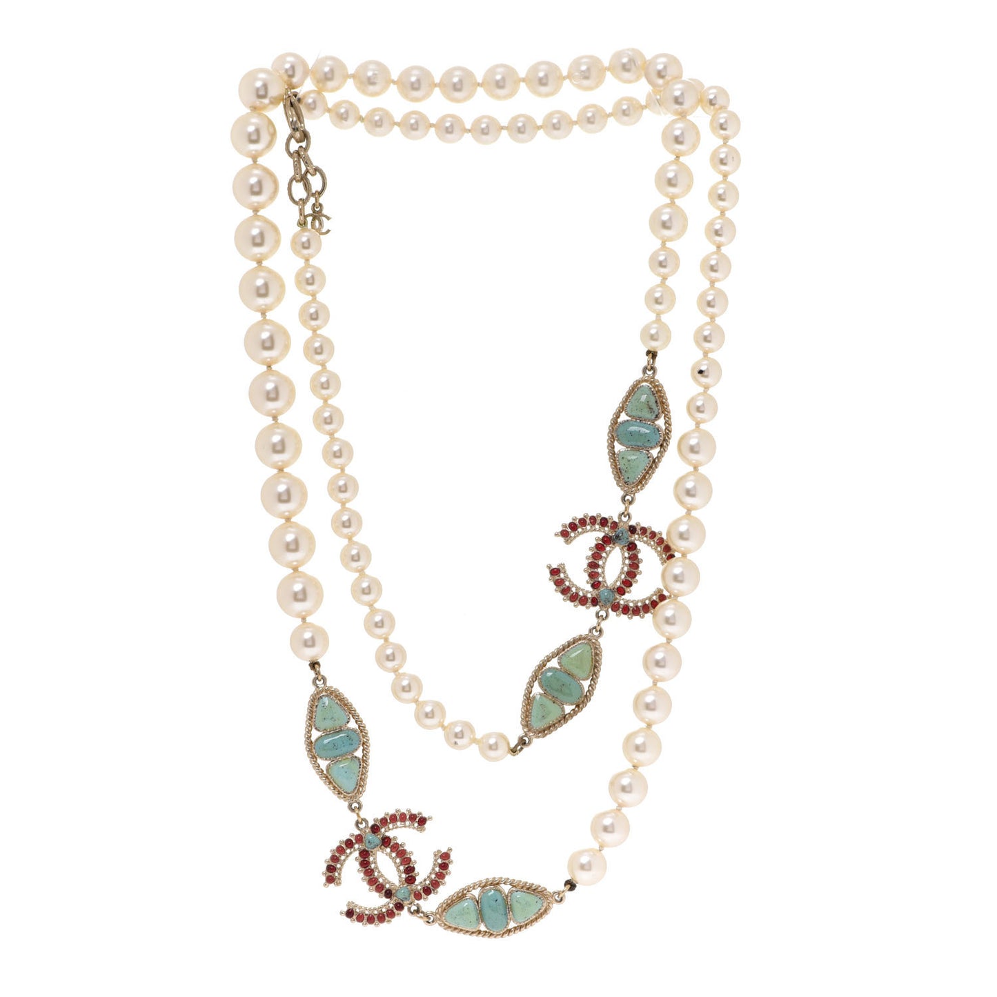 Pearl Gripoix CC Long Strand Necklace Turquoise Burgundy