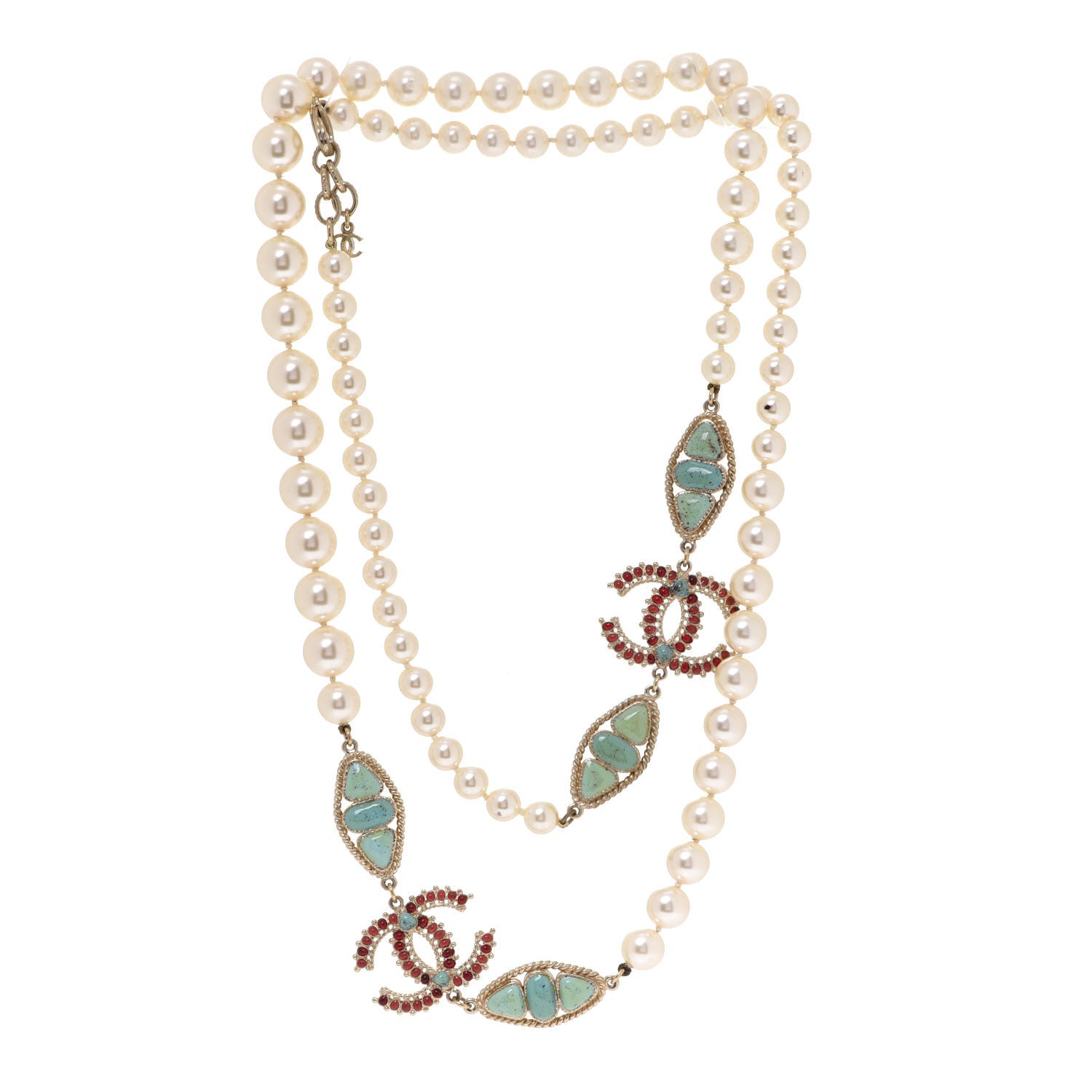 Chanel Pearl Gripoix CC Long Strand Necklace Turquoise Burgundy 3 of 5