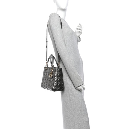 Christian Dior Metallic Calfskin Cannage Medium Lady Dior Gunmetal Grey 2 of 10