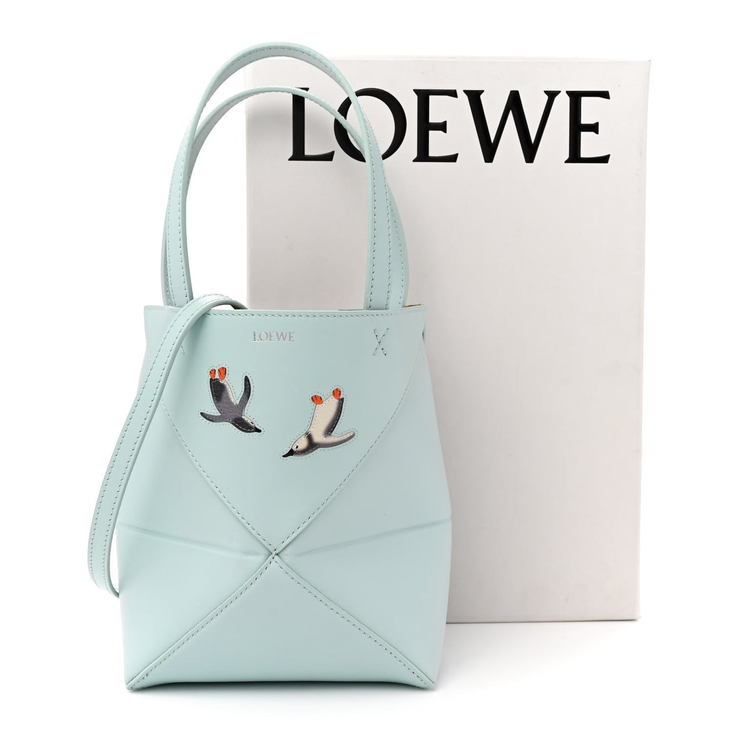 X SUNA FUJITA Shiny Calfskin Penguin Mini Puzzle Fold Tote Blue Iceberg
