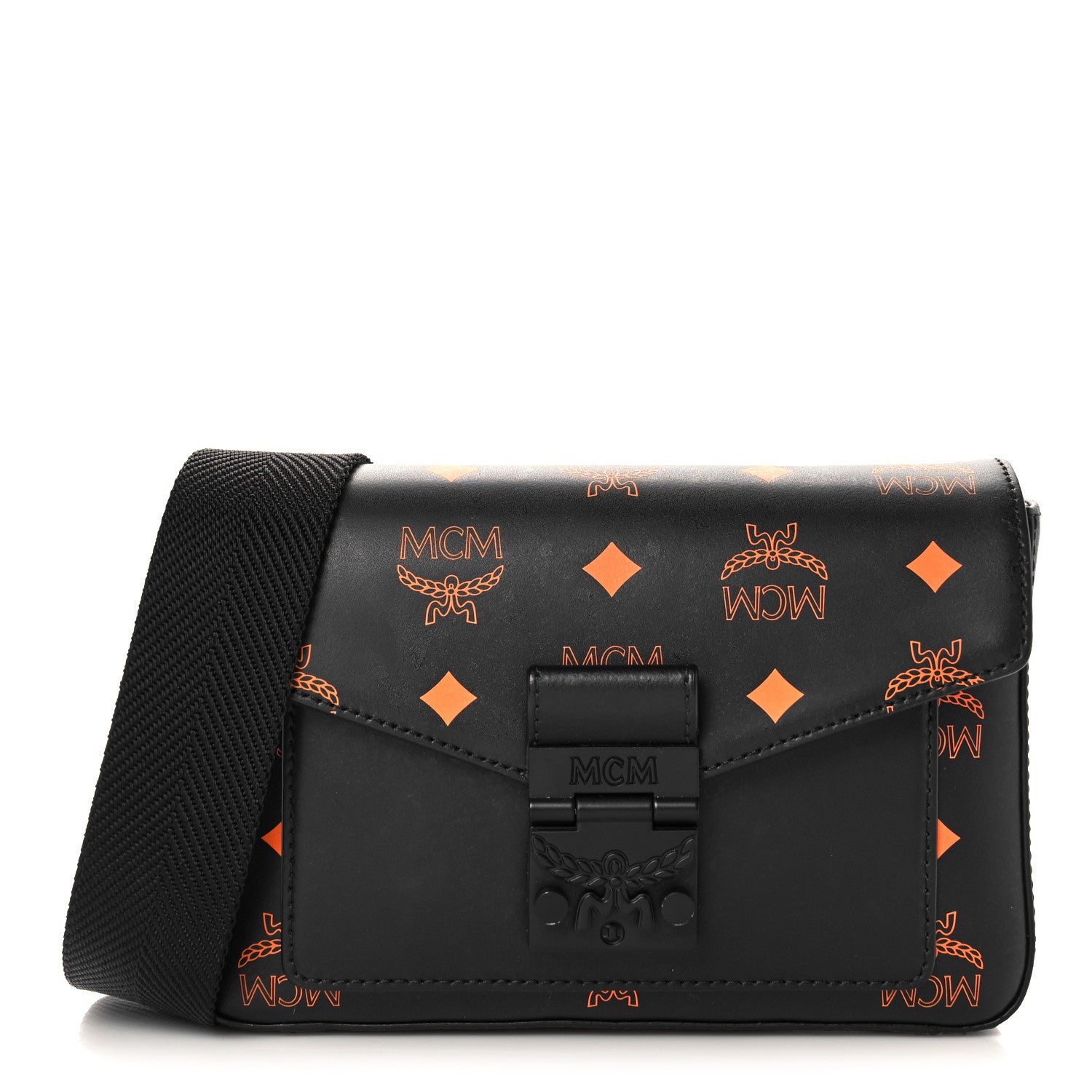 MCM Calfskin Color Splash Logo Crossbody Small Black Orange