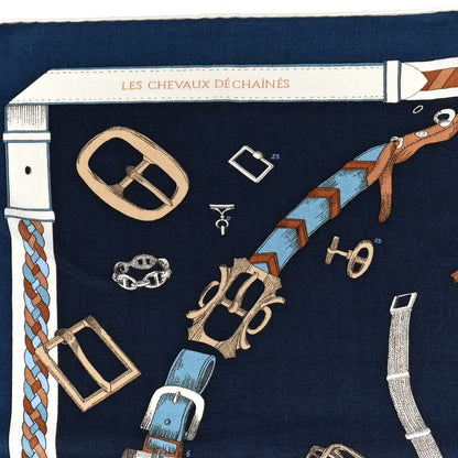 Hermes Cashmere Silk Chevaux Dechaines Shawl 140 Marine Fonce White Noisette 4 of 4