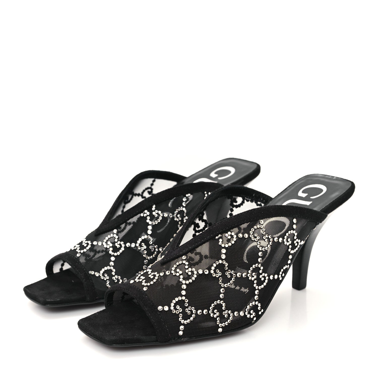 Gucci Tela Retino Kid Scamosciato Crystal GG Monogram Square G 95mm Slide Sandals 35 Black 4 of 9