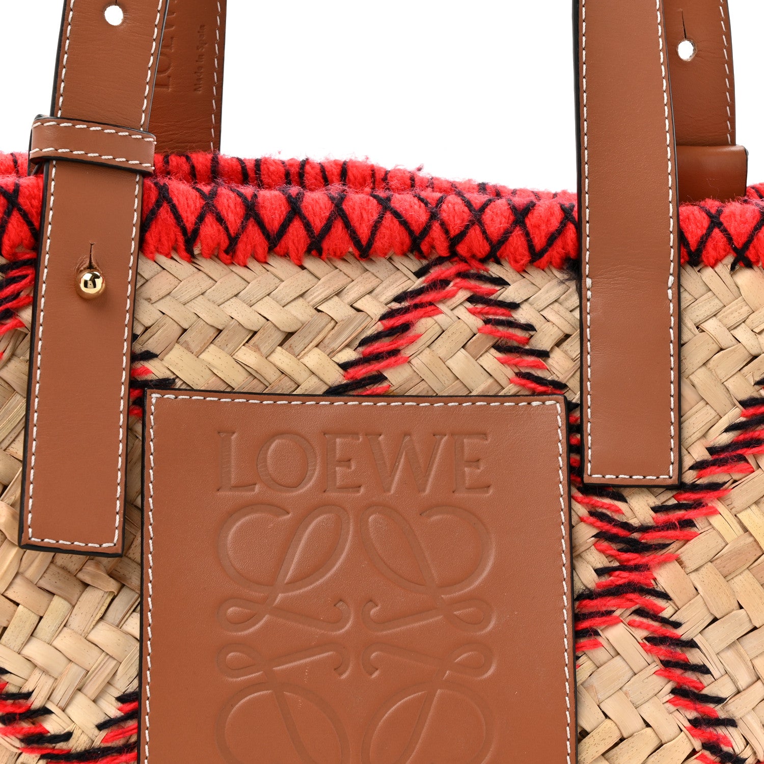 Loewe Embroidered Raffia Basket Tote Bag Natural Tan Red 1784310