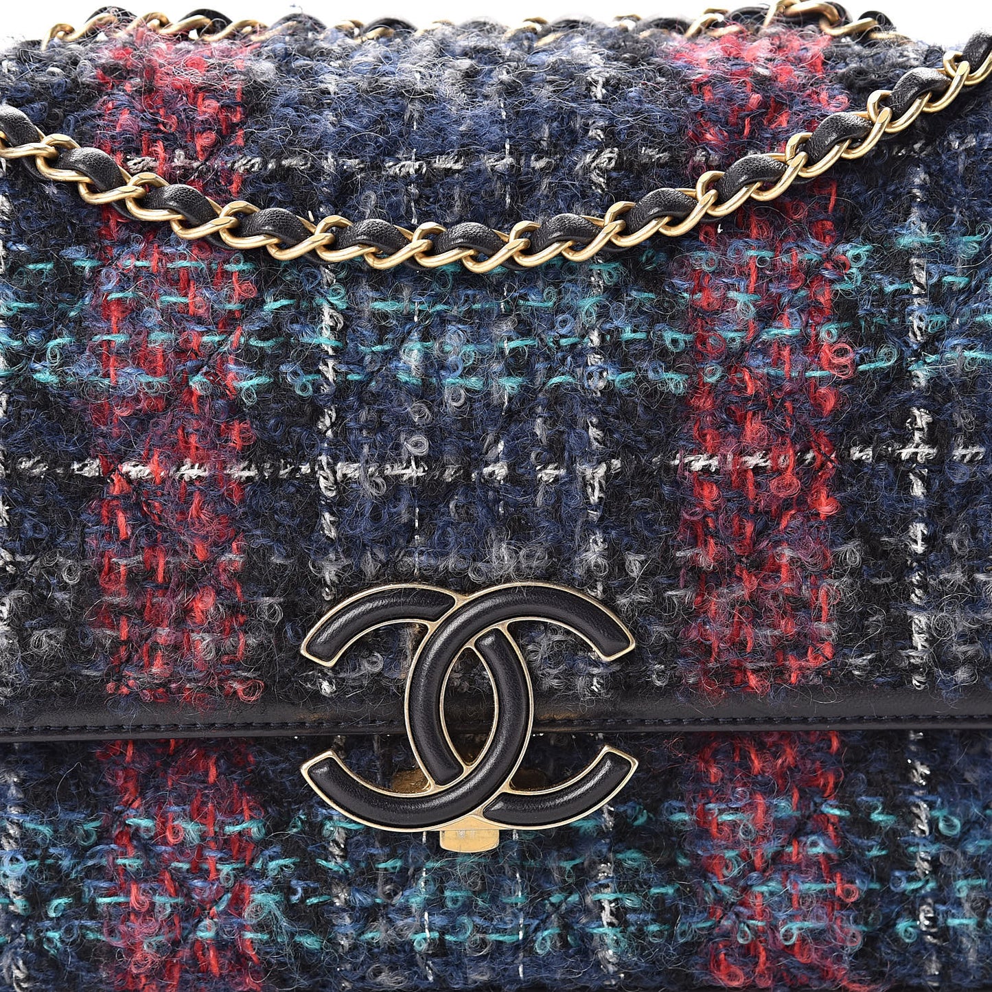 Tweed Quilted Enamel CC Double Flap Blue Multicolor