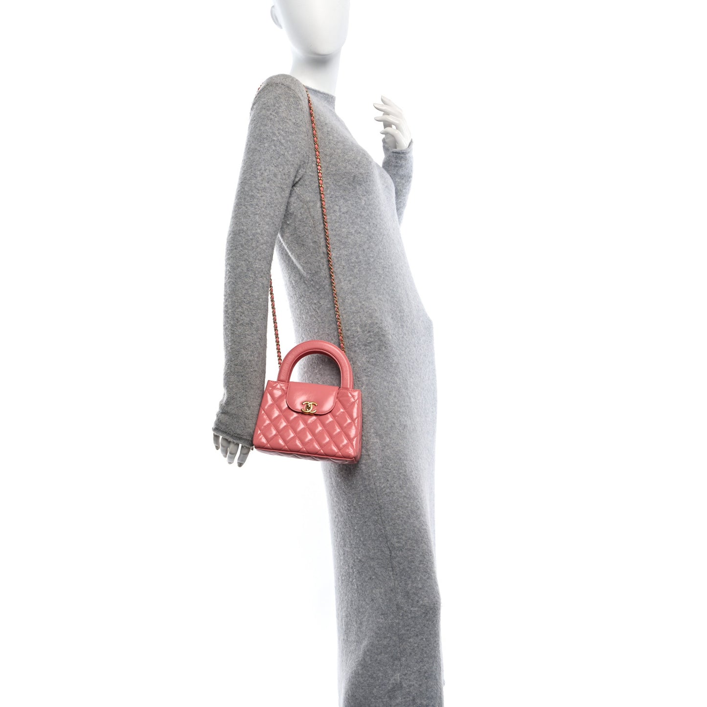 Shiny Aged Calfskin Quilted Nano Kelly Shopper Coral Pink