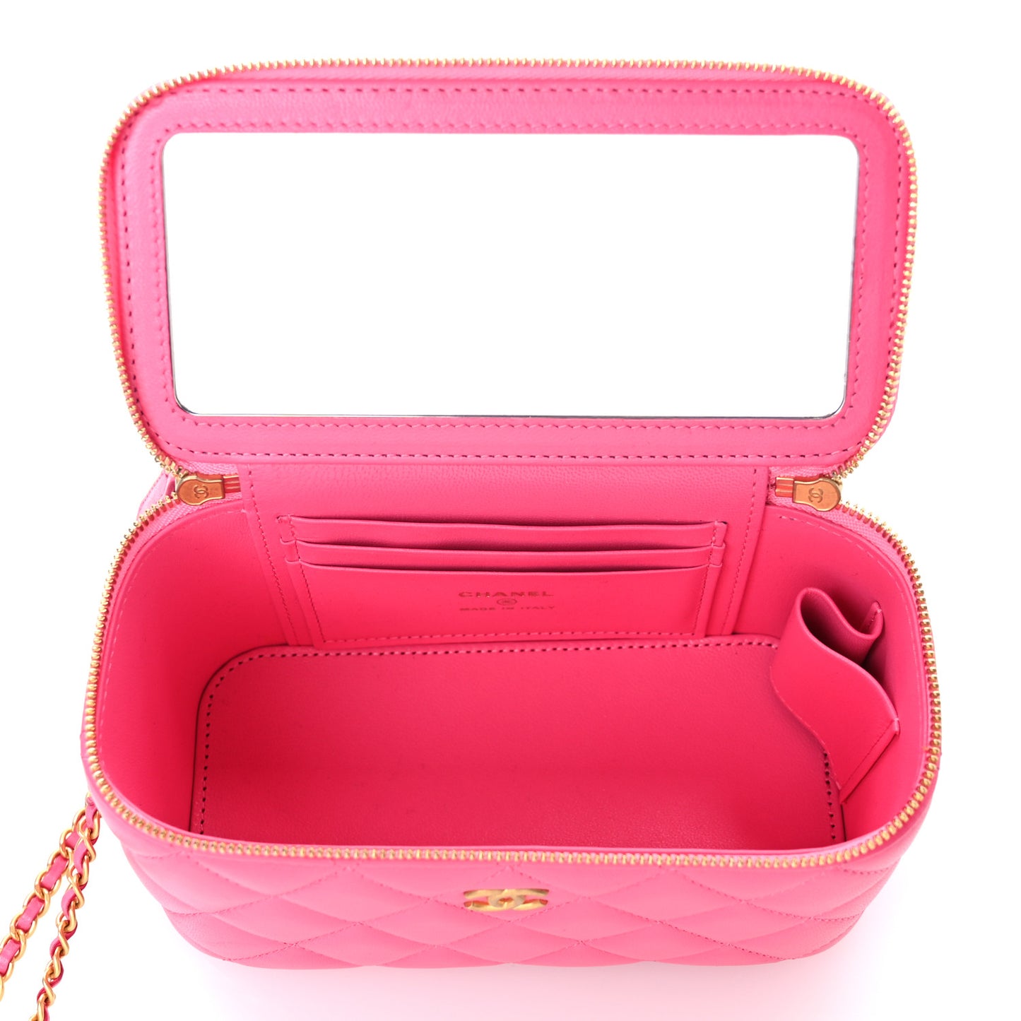 Lambskin Enamel Quilted Small Coco Hearts Vanity Case With Chain Pink