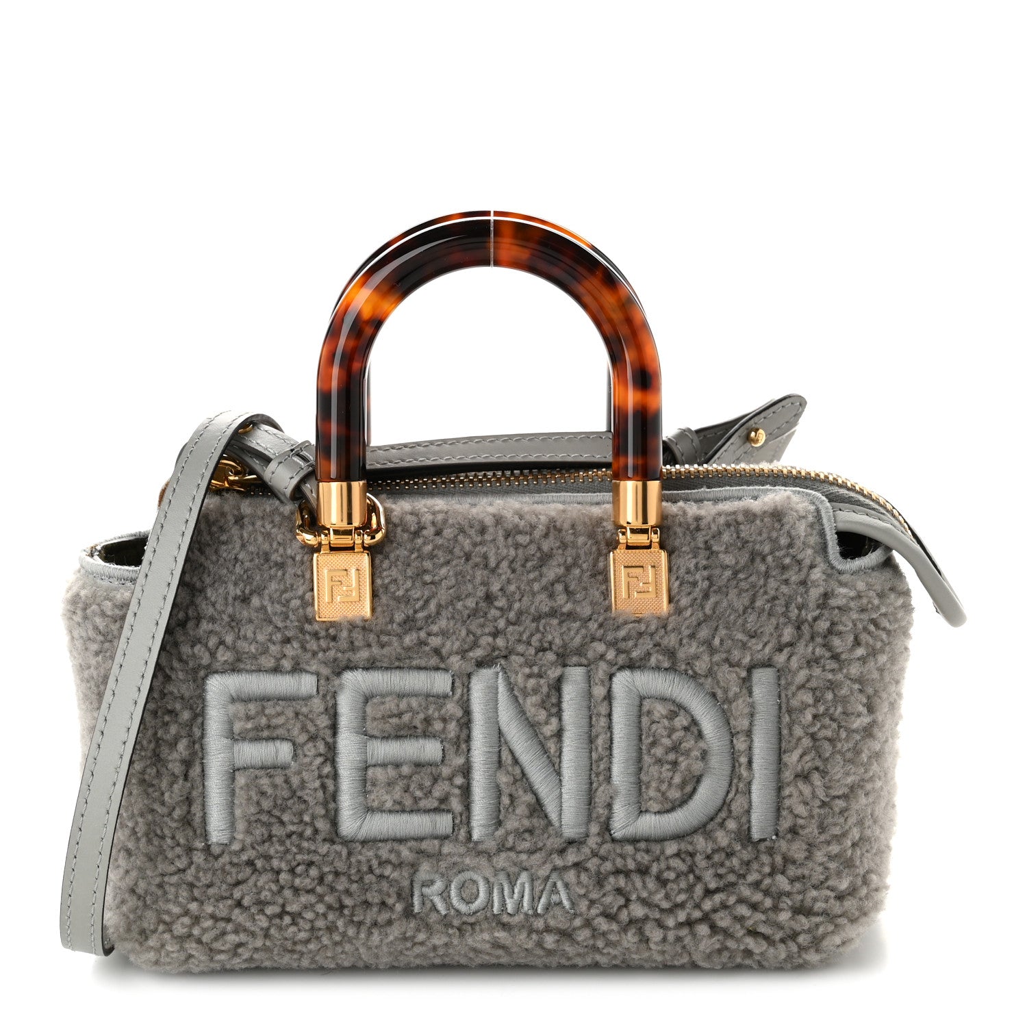 Fendi Sheepskin Vitello King Plexiglass Logo Embroidered Mini By The Way Top Handle Boston Ghiaccio 1 of 9