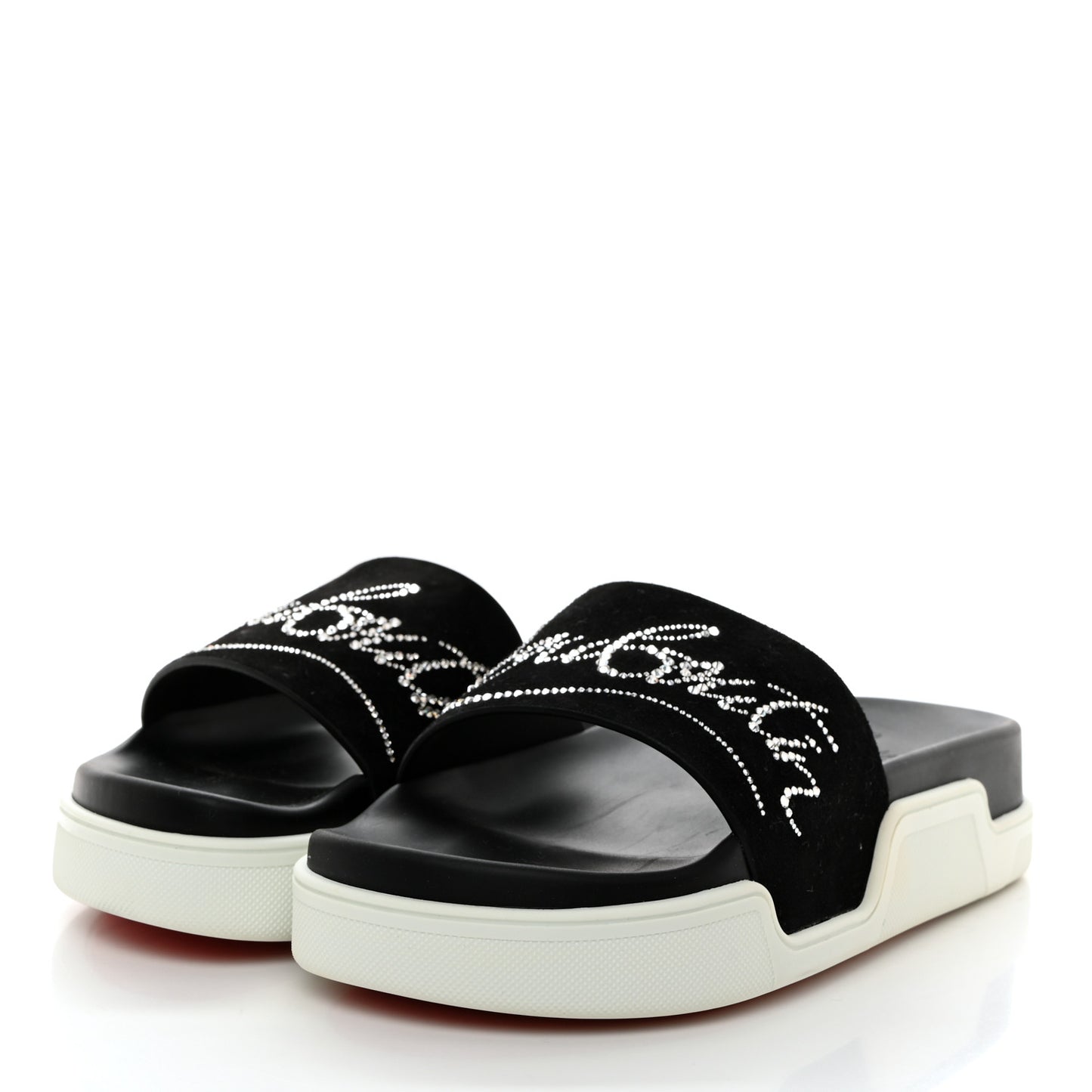 CHRISTIAN LOUBOUTIN Veau Velours Strass Dear Pool Flat Platform Slide Sandal 38.5 Black