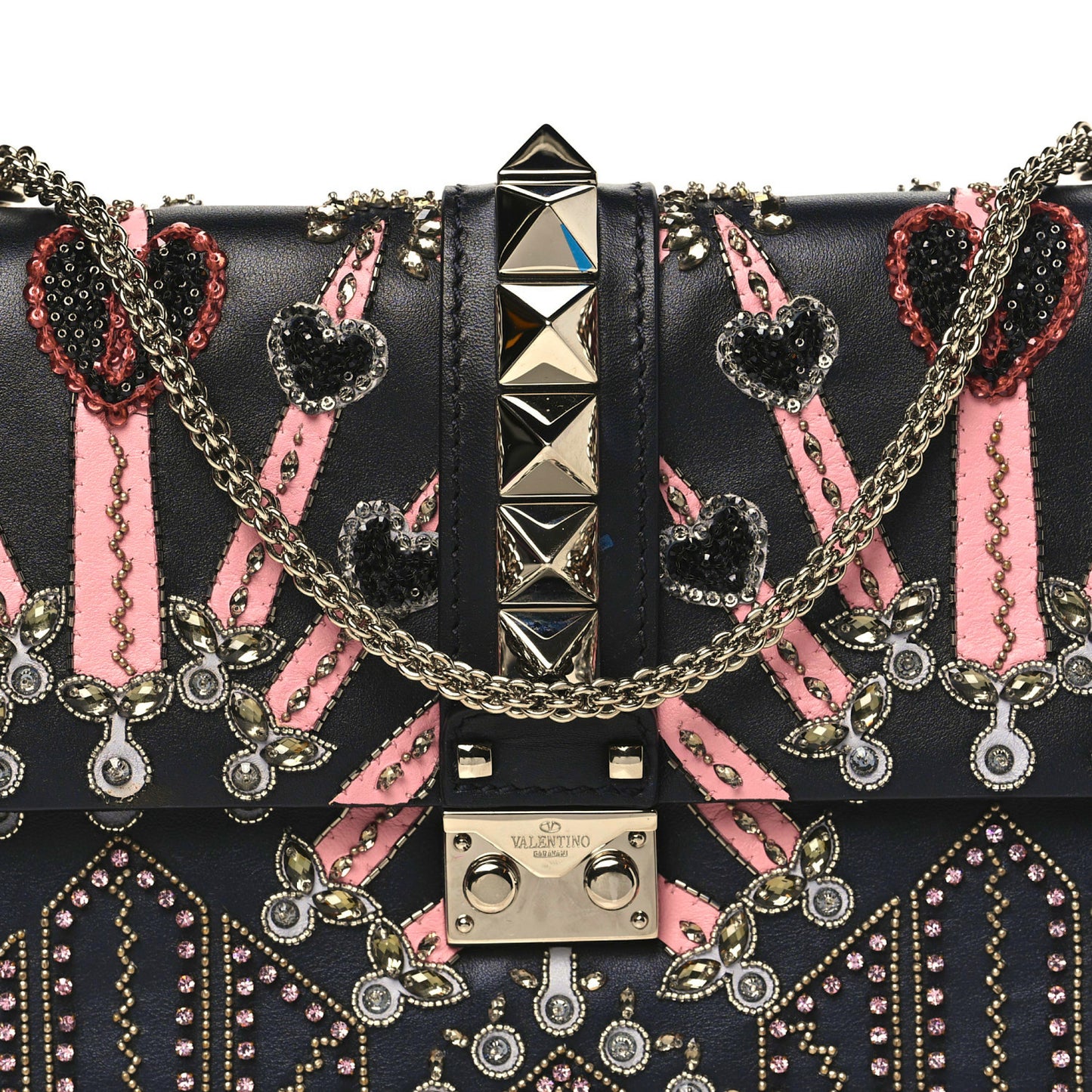 Vitello Crystal Loveblade Embellished Medium Glam Lock Rockstud Flap Black