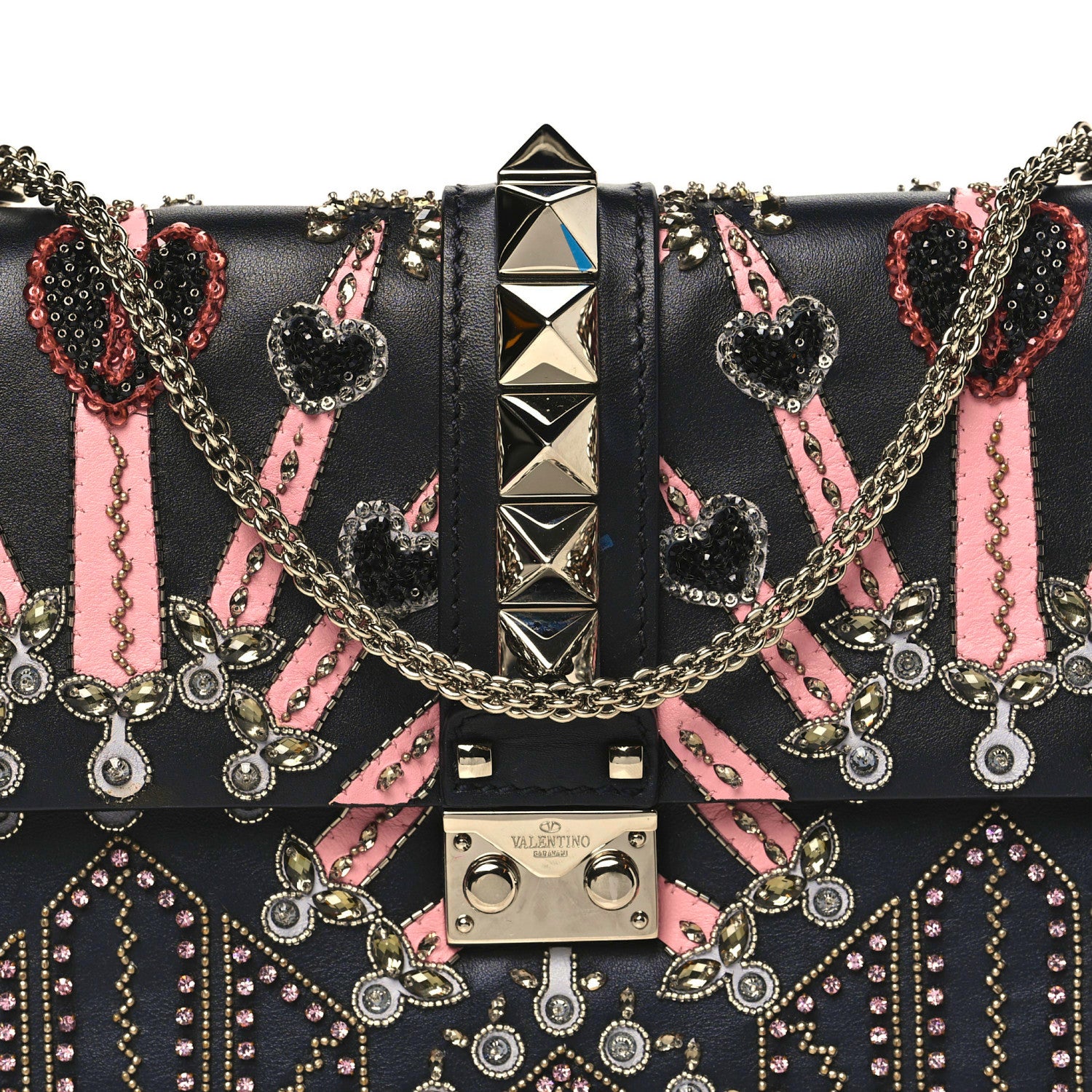 Valentino Garavani Vitello Crystal Loveblade Embellished Medium Glam Lock Rockstud Flap Black 7 of 12