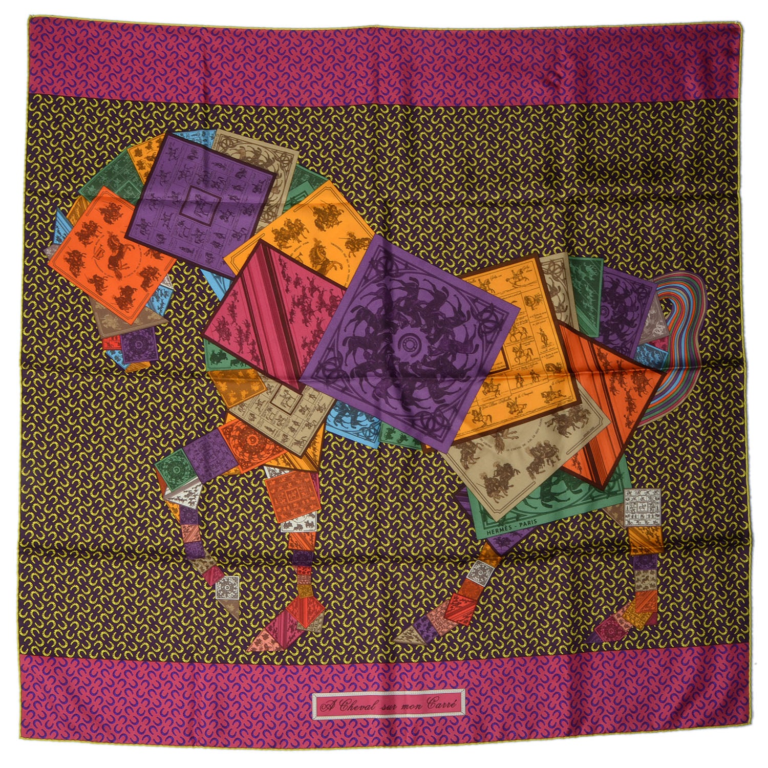Hermes Silk A Cheval Sur Mon Carre Scarf 90 Aubergine Framboise Jaune 2 of 5