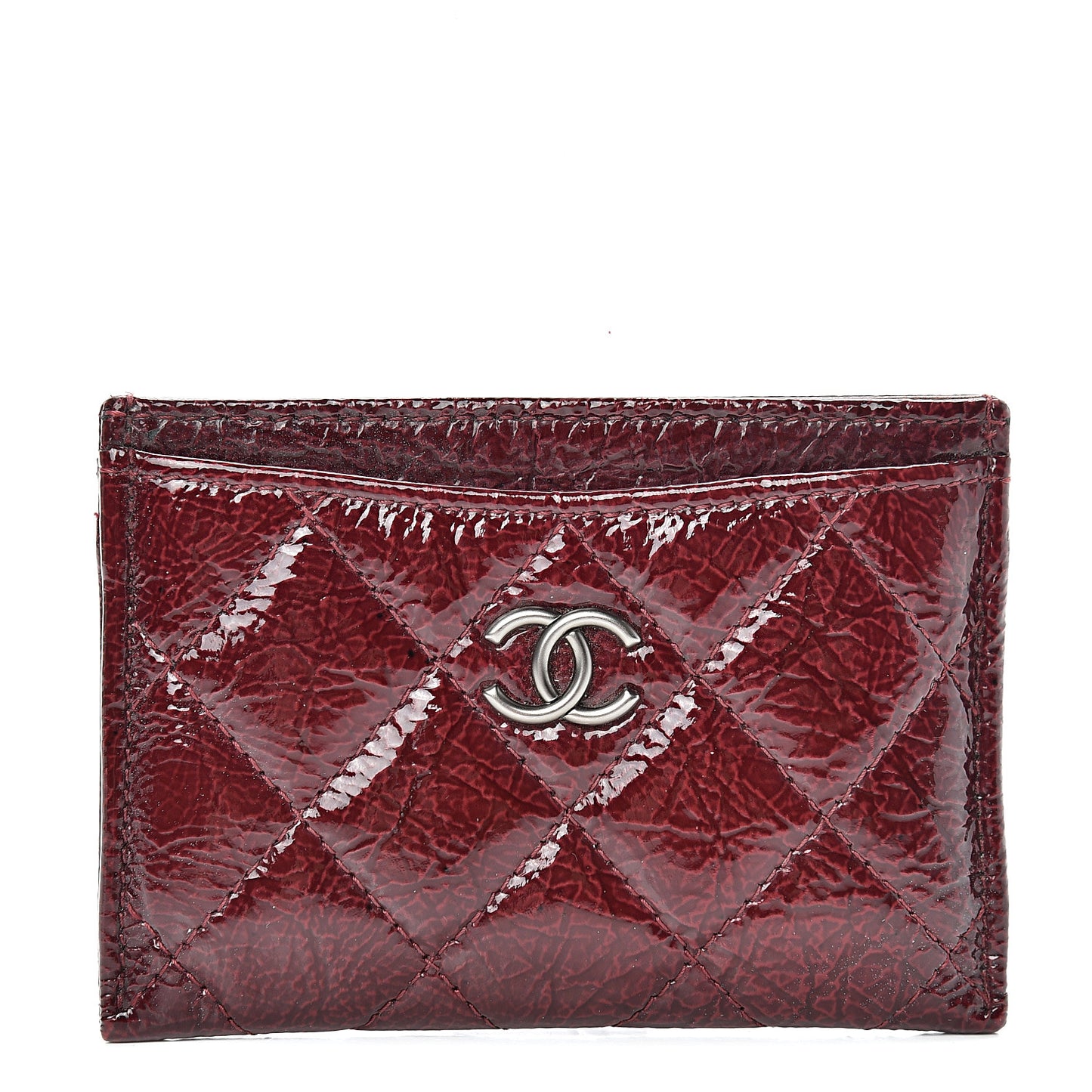 Distressed Patent Quilted Card Holder Bordeaux