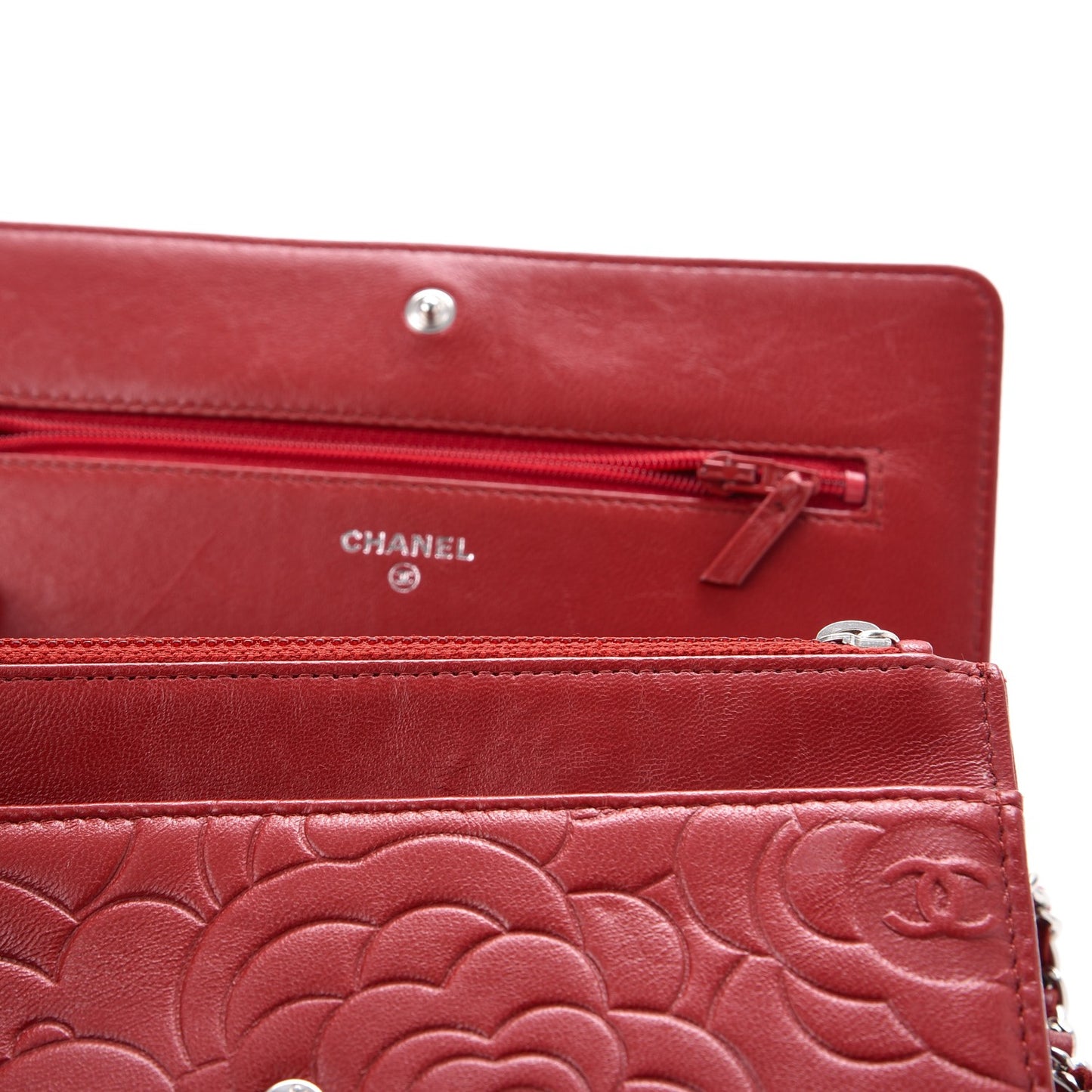 Lambskin Camellia Embossed Wallet On Chain WOC Dark Red