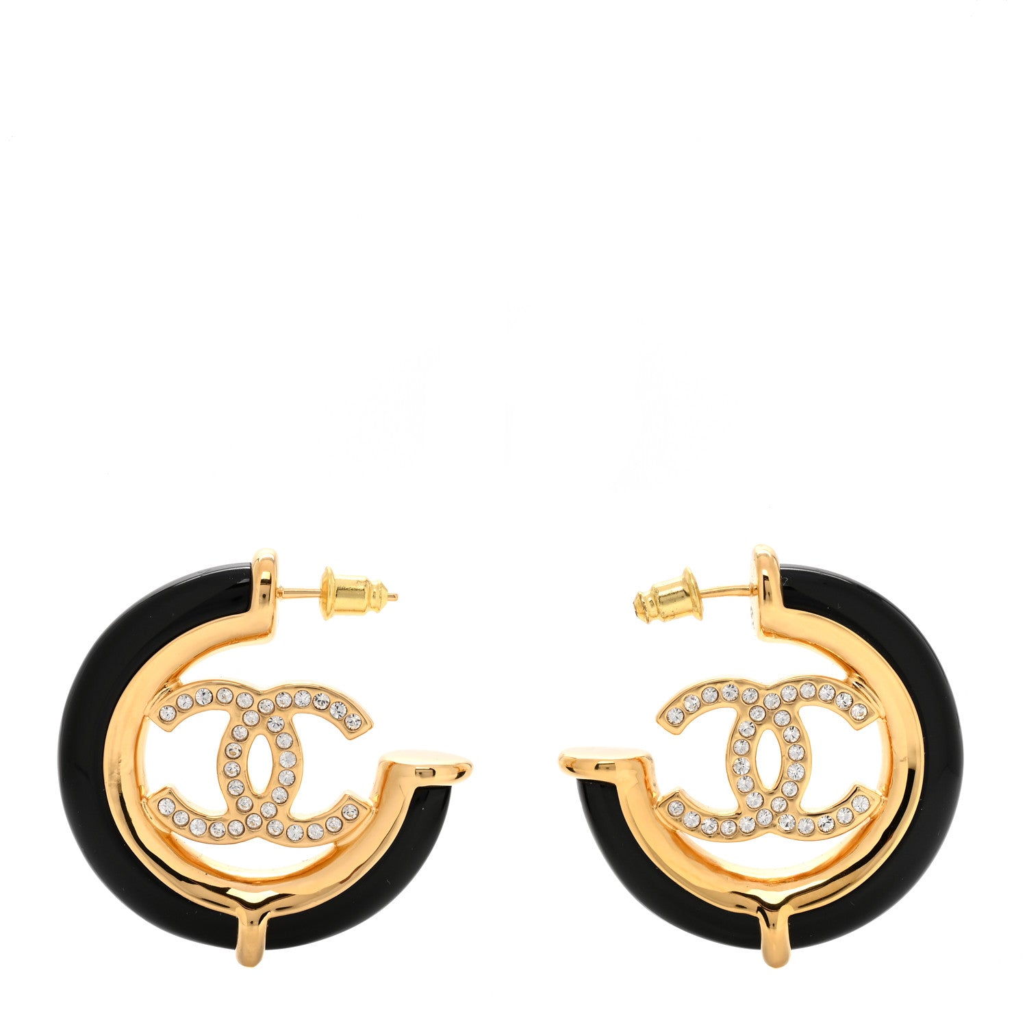 Chanel Resin Crystal CC Hoop Earrings Gold Black 1 of 4