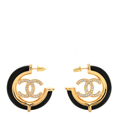 Chanel Resin Crystal CC Hoop Earrings Gold Black 1 of 4
