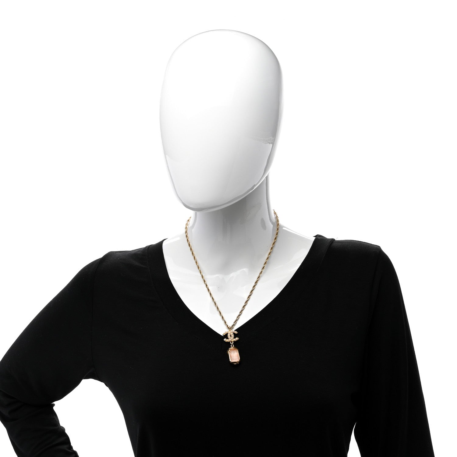 Chanel Pearl Crystal CC Pendant Necklace Gold Pink Pearly White 2 of 4