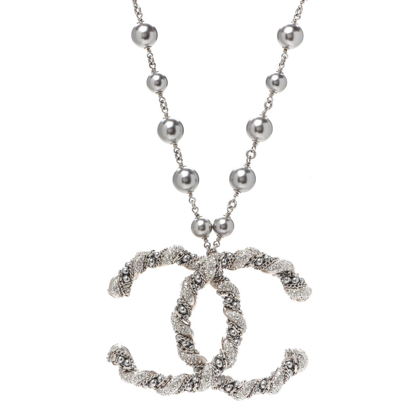 Crystal Pearl Twisted CC Necklace Silver