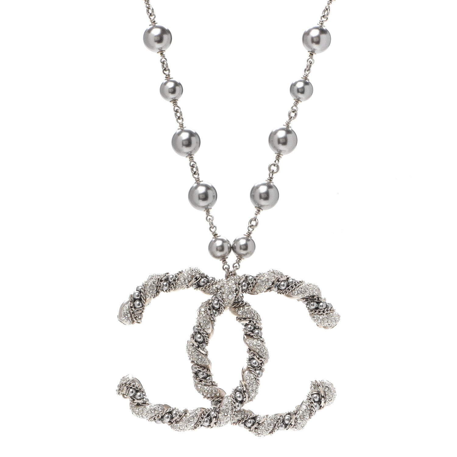 Chanel Crystal Pearl Twisted CC Necklace Silver 1 of 3