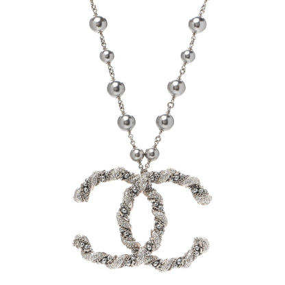 Chanel Crystal Pearl Twisted CC Necklace Silver 1 of 3