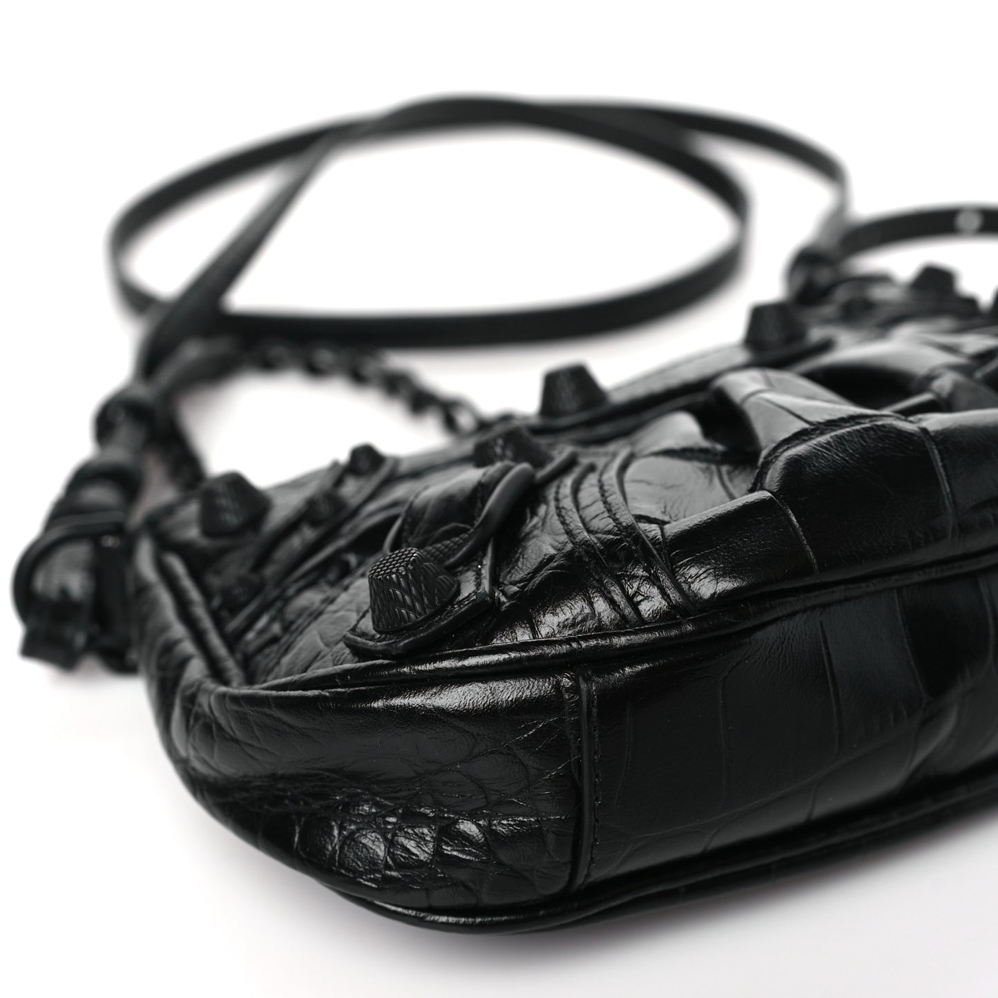Extra Supple Calfskin Crystal Crocodile Embossed Le Cagole Mini Purse With Chain Black