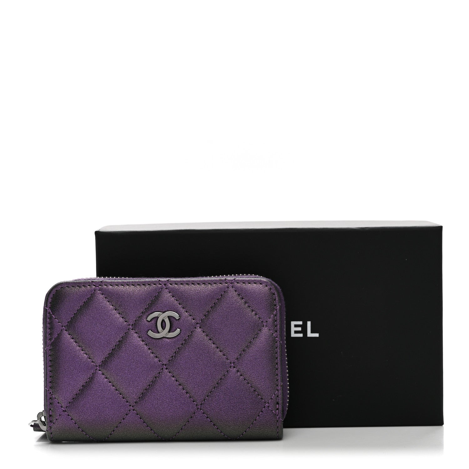 Chanel Metallic Lambskin Quilted Zip Around Coin Purse Wallet Dark Purple 8 of 8