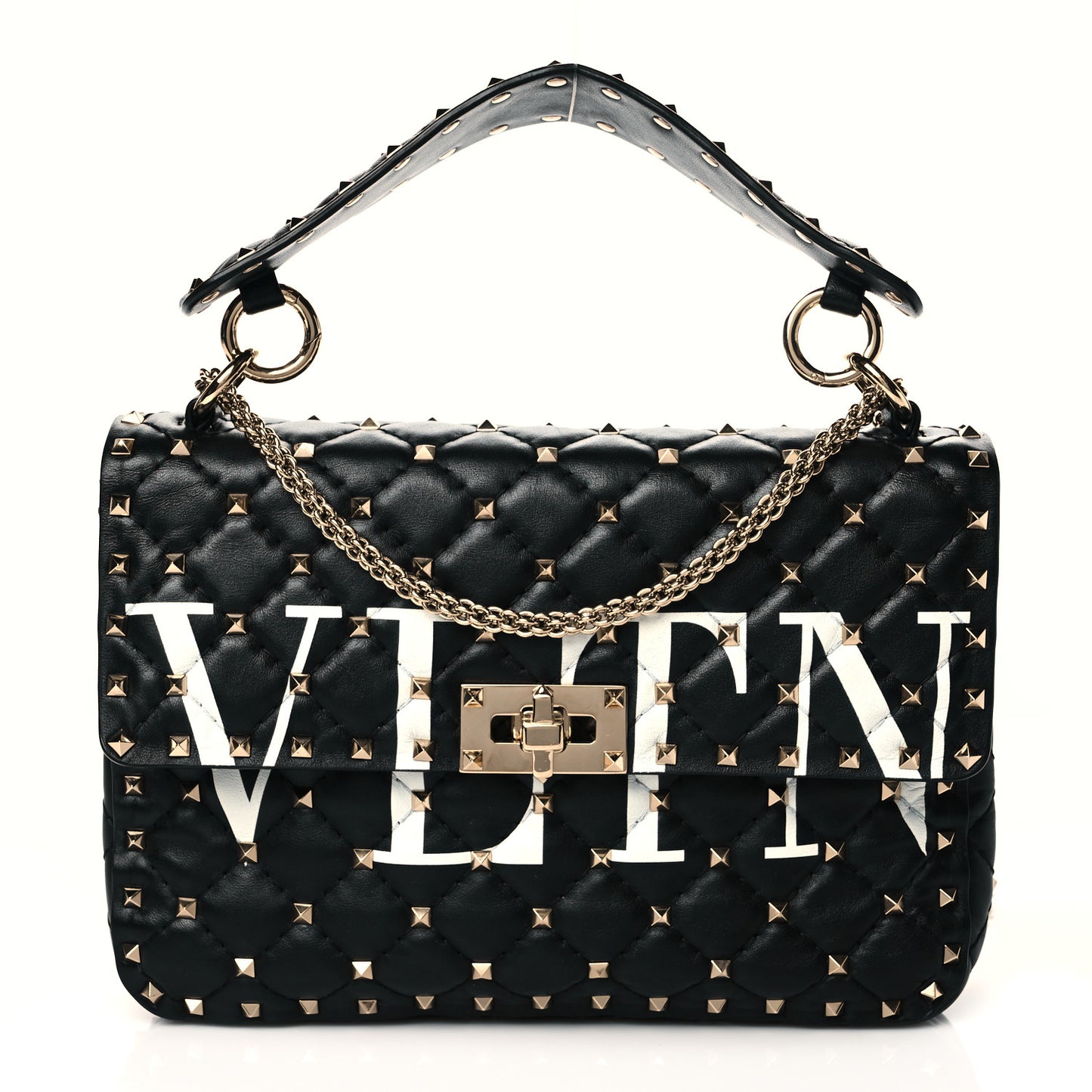 Lambskin VLTN Print Medium Rockstud Spike Shoulder Bag Black