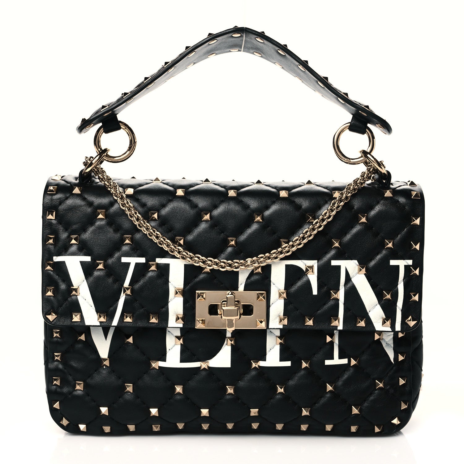 Valentino Garavani Lambskin VLTN Print Medium Rockstud Spike Shoulder Bag Black 1 of 9