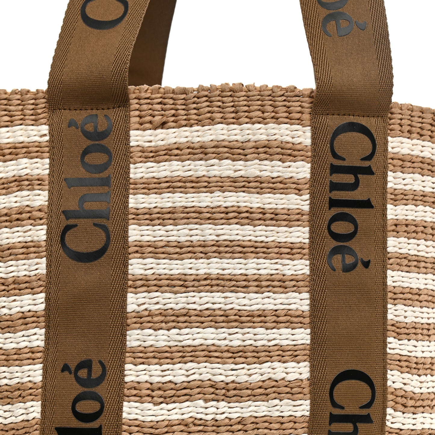 Raffia Calfskin Large Woody Striped Basket Bag Brown