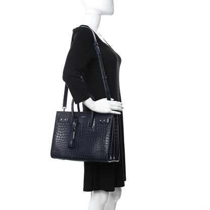 Saint Laurent Calfskin Crocodile Embossed Small Supple Sac de Jour Navy 2 of 11