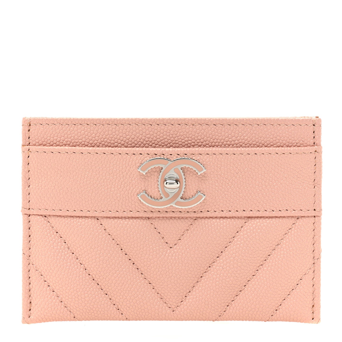 Metallic Caviar Chevron Quilted Vintage Mademoiselle Card Holder Pink
